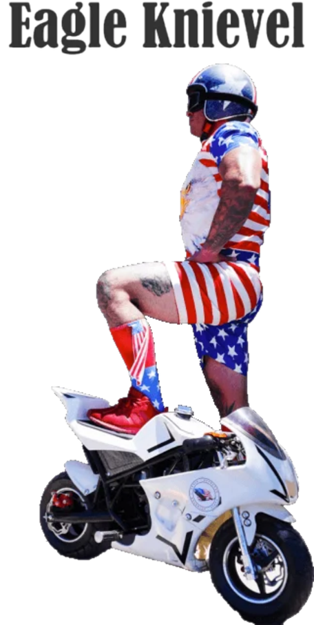 Eagle Knievel, the Eagle Valley Motors mascot, in his stars-and-stripes gear standing on his mini motorcycle